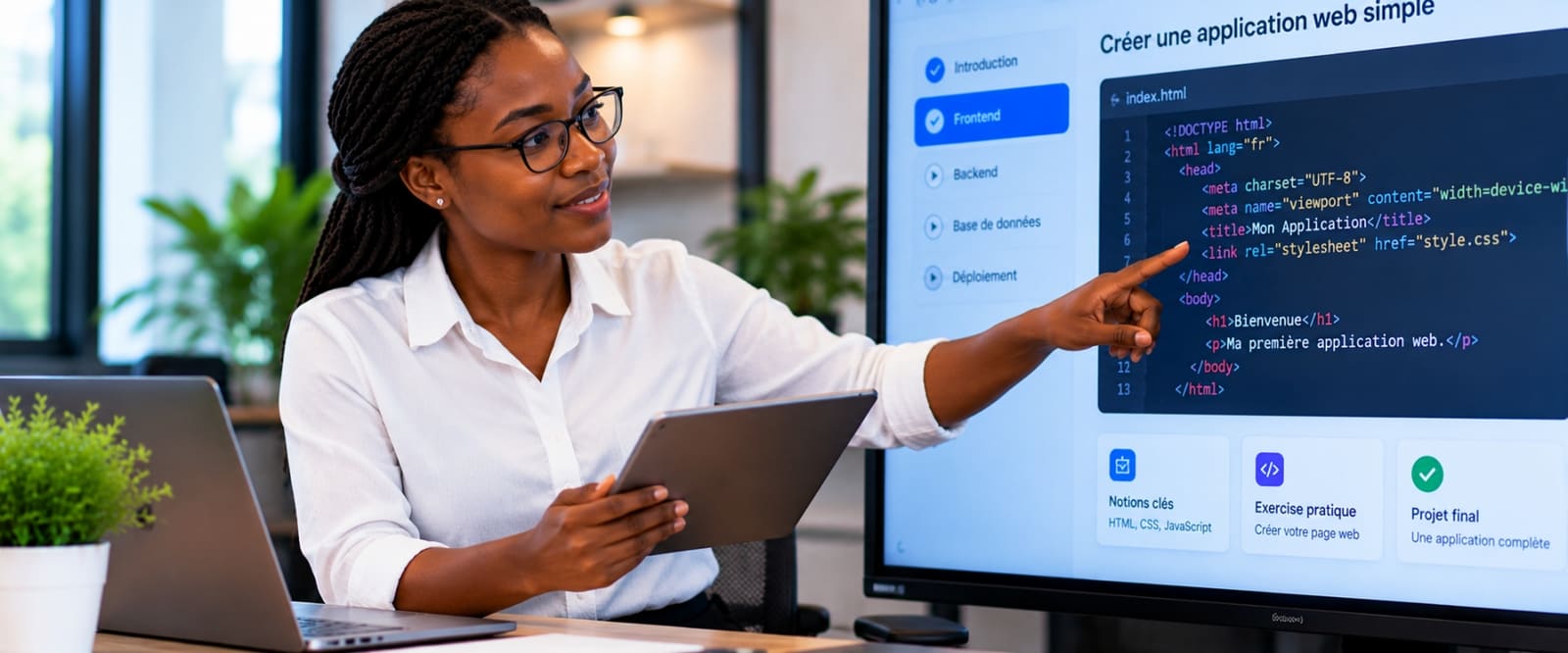 Une formatrice JSP EdTech fait la démonstration d’une plateforme d’apprentissage
